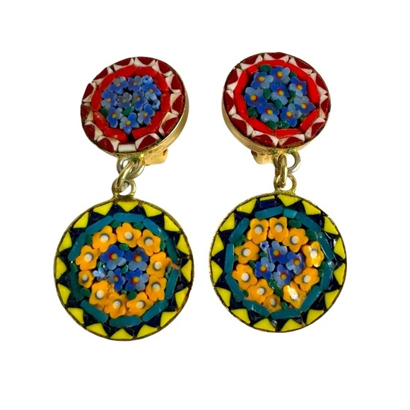 Micro Mosaic Intricate Dangle Earrings Clip-On Roma Italy Italian Vintage Glass - Picture 1 of 7